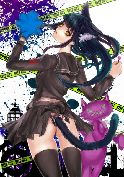 Anime picture 1050x1500 with vocaloid envy cat walk (vocaloid) toma (hatsune miku) tcb (pixiv) single long hair tall image light erotic black hair animal ears yellow eyes ass animal tail looking back cat ears cat tail animal eyes girl thighhighs black thighhighs