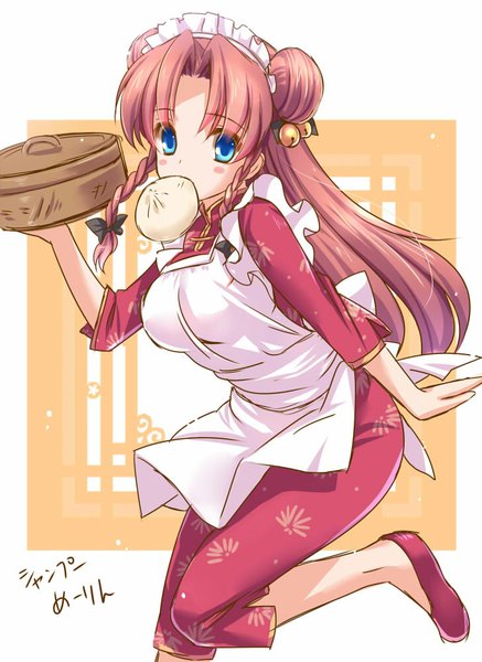 Anime picture 729x1000 with ranma 1/2 touhou hong meiling shampoo (ranma 1/2) moneti (daifuku) single long hair tall image looking at viewer blush blue eyes holding pink hair braid (braids) hair bun (hair buns) twin braids mouth hold chinese clothes cosplay waitress