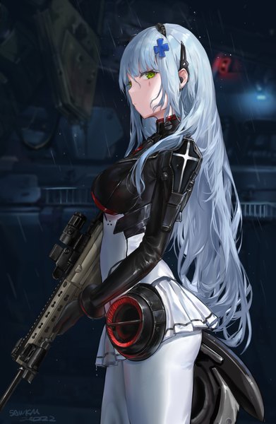 Anime picture 2672x4096 with girls frontline hk416 (girls frontline) hk416 (midnight evangelion) (girls frontline) sawkm single long hair tall image looking at viewer fringe highres hair between eyes standing holding green eyes signed silver hair outdoors blunt bangs profile pleated skirt