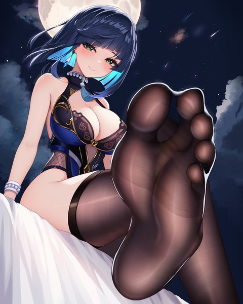 Anime picture 4000x5000 with genshin impact yelan (genshin impact) nekoda (maoda) single tall image looking at viewer blush fringe highres short hair breasts light erotic black hair smile large breasts sitting bare shoulders green eyes absurdres cloud (clouds)
