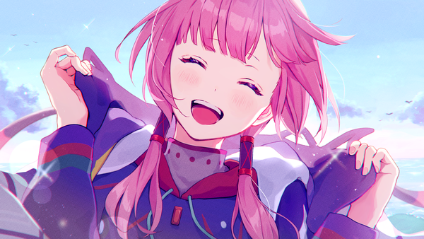 Anime picture 3840x2160 with virtual youtuber kamitsubaki studio virtual kaf kaf (kamitsubaki studio) memori (egachachachan) single long hair blush fringe highres open mouth smile wide image twintails pink hair absurdres sky cloud (clouds) eyes closed head tilt