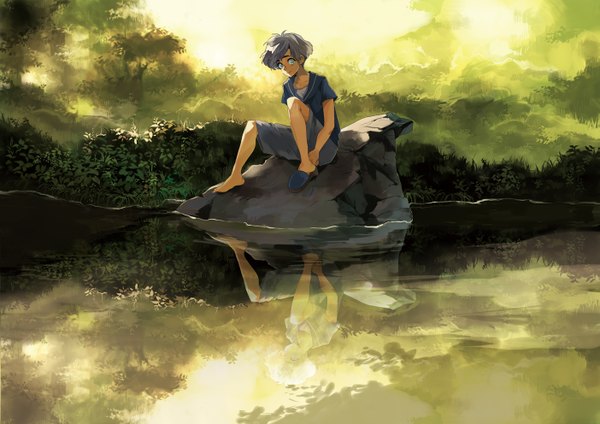 Anime picture 1403x992 with original kyouichi single looking at viewer short hair sitting light smile grey hair grey eyes reflection lake boy plant (plants) tree (trees) shorts stone (stones)