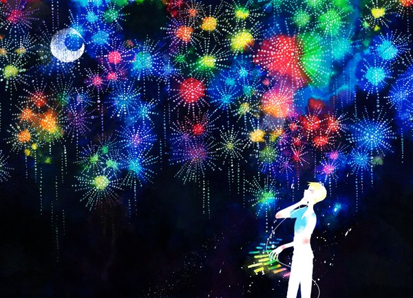 Anime picture 1837x1329 with original yoshida yoshitsugi single blush highres short hair blonde hair standing profile night crescent fireworks headphones wire (wires)