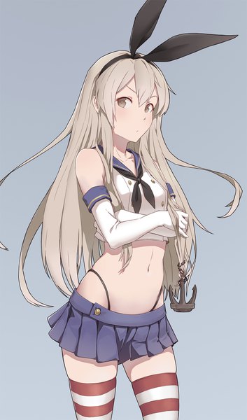 Anime picture 1200x2038 with kantai collection shimakaze destroyer cheshirrr single long hair tall image looking at viewer fringe simple background blonde hair hair between eyes standing bare shoulders brown eyes pleated skirt grey background bare belly floating hair crossed arms frown