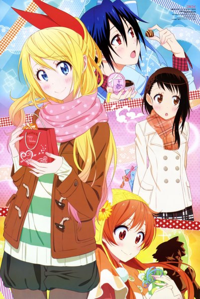 Anime picture 4084x6089 with nisekoi shaft (studio) kirisaki chitoge onodera kosaki tachibana marika tsugumi seishirou sugiyama nobuhiro long hair tall image looking at viewer blush highres blue eyes blonde hair smile red eyes brown hair multiple girls brown eyes blue hair