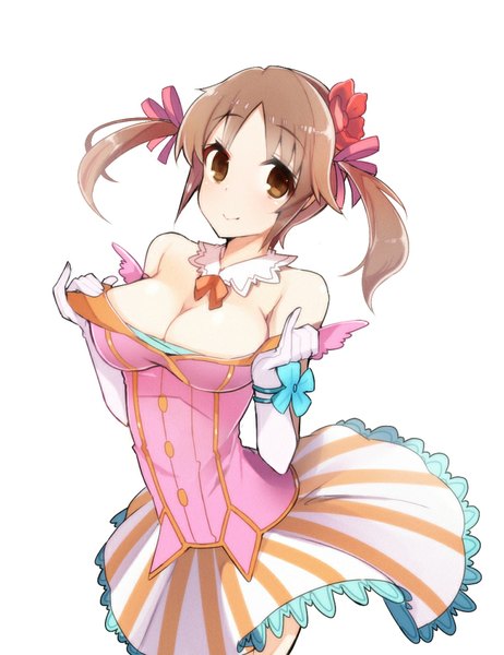 Anime picture 770x1000 with idolmaster idolmaster cinderella girls totoki airi tetsubuta single tall image short hair breasts light erotic smile brown hair large breasts white background twintails bare shoulders brown eyes cleavage girl dress gloves