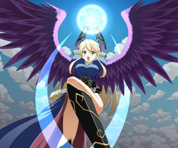 Anime-Bild 1200x1000 mit breath of fire breath of fire ii nina (breath of fire) john shiden single long hair looking at viewer highres breasts open mouth blonde hair green eyes payot sky cloud (clouds) arms up from below magic angel wings girl