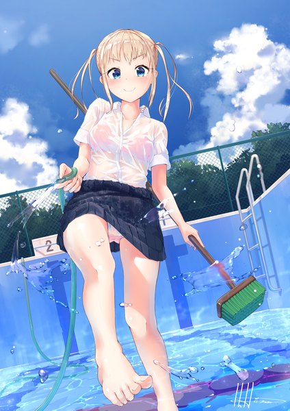 Anime picture 1447x2047 with original hitogata ningen single tall image looking at viewer blush fringe blue eyes light erotic blonde hair smile standing twintails holding signed sky cloud (clouds) outdoors barefoot short sleeves