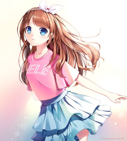 Anime picture 900x1000 with original eleanorquinn single long hair tall image looking at viewer blush fringe breasts blue eyes brown hair looking away clothes writing girl skirt headband t-shirt