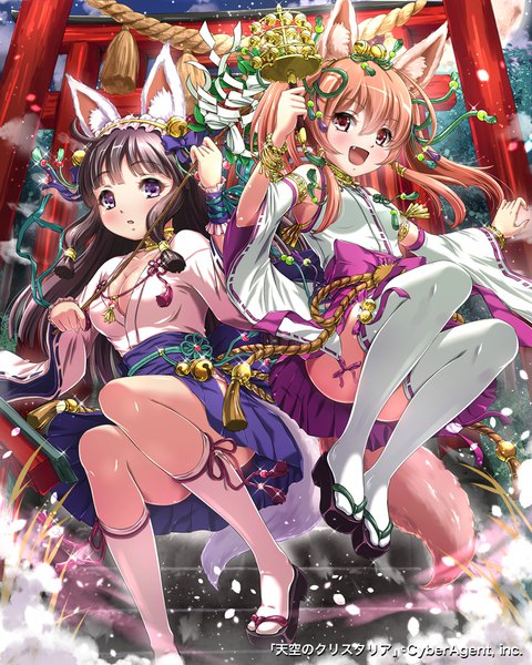 Anime picture 800x1000 with tenkuu no crystalia sakiyamama long hair tall image looking at viewer blush fringe breasts open mouth light erotic smile hair between eyes red eyes brown hair purple eyes twintails multiple girls holding animal ears payot