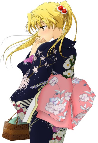 Anime picture 2712x3944 with school rumble sawachika eri toshi5765 single long hair tall image highres simple background blonde hair white background brown eyes absurdres ponytail japanese clothes girl bow belt kimono