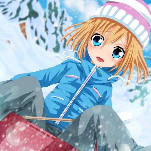 Anime picture 3000x3000 with choujigen game neptune rom (choujigen game neptune) tremblax single blush highres short hair open mouth blue eyes blonde hair sky cloud (clouds) blurry loli dutch angle depth of field coloring winter snow girl