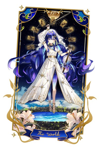 Anime picture 2500x3703 with reverse:1999 voyager (reverse:1999) lium single tall image looking at viewer fringe highres blue eyes hair between eyes blue hair full body very long hair arm up girl dress detached sleeves white dress musical instrument veil
