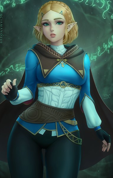 Anime picture 800x1254 with the legend of zelda the legend of zelda: breath of the wild nintendo princess zelda sciamano240 single tall image looking at viewer blush short hair blonde hair standing green eyes signed braid (braids) parted lips fingernails lips pointy ears realistic