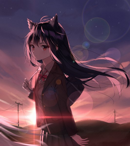 Anime picture 1400x1577 with arknights texas (arknights) shokuyou koori single long hair tall image looking at viewer fringe black hair hair between eyes standing brown eyes animal ears outdoors pleated skirt wind alternate costume lens flare evening sunset
