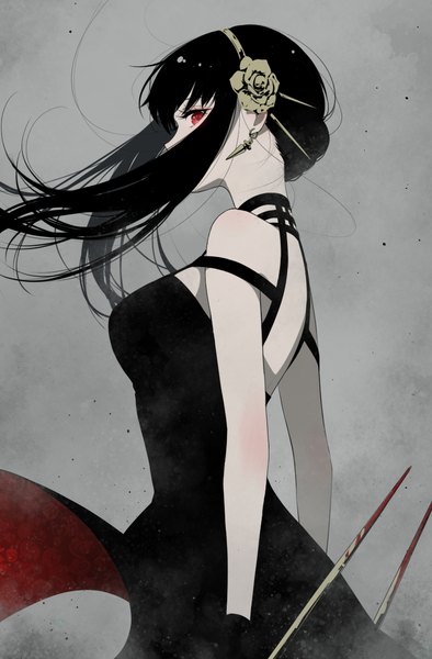 Anime picture 764x1162 with spy x family yor briar awarin single long hair tall image fringe black hair simple background red eyes profile wind grey background sleeveless covered mouth bloody weapon girl dress weapon earrings