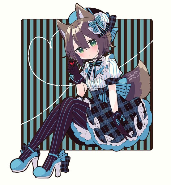 Anime picture 1078x1169 with original aruya (flosrota) single tall image looking at viewer fringe short hair hair between eyes brown hair holding green eyes animal ears full body tail animal tail high heels puffy sleeves border outside border valentine