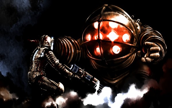 Anime picture 1920x1200 with dead space bioshock highres wide image back smoke weapon armor