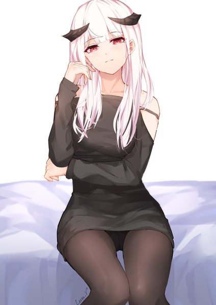 Anime picture 1413x2000 with original leria v single long hair tall image looking at viewer blush fringe breasts light erotic simple background red eyes sitting signed pink hair blunt bangs head tilt horn (horns) light smile pantyshot