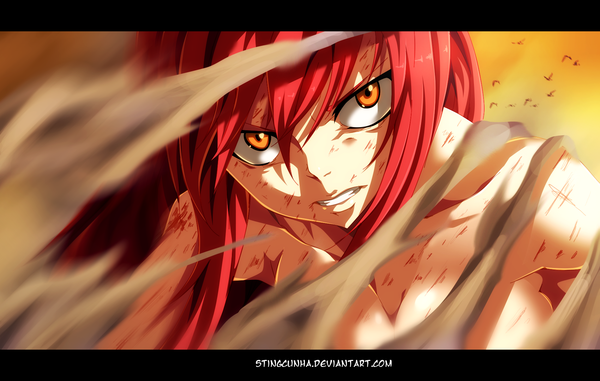 Anime picture 1700x1082 with fairy tail erza scarlet stingcunha single long hair sky red hair orange eyes coloring letterboxed clenched teeth dust girl animal bird (birds) blood