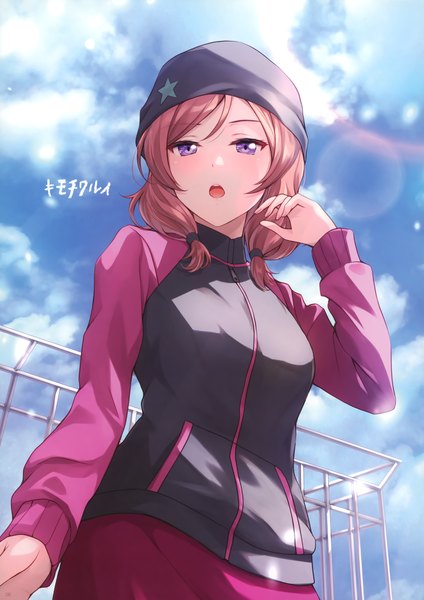 Anime-Bild 2492x3526 mit love live! school idol project sunrise (studio) love live! nishikino maki shamakho single tall image looking at viewer blush fringe highres short hair breasts open mouth standing purple eyes twintails sky cloud (clouds) red hair