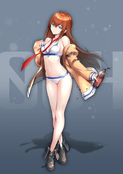 Anime picture 827x1169 with steins;gate white fox dr pepper makise kurisu suishougensou single long hair tall image looking at viewer fringe breasts blue eyes light erotic hair between eyes brown hair standing bare shoulders holding payot cleavage