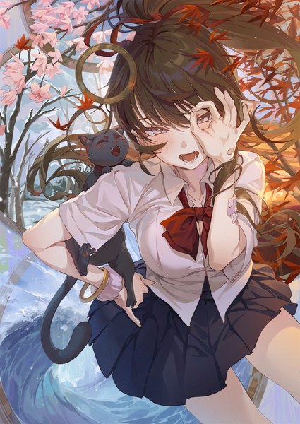 Anime picture 1825x2579 with original hxxg single long hair tall image looking at viewer blush fringe highres open mouth smile hair between eyes brown hair ponytail hand on hip cherry blossoms bare tree wrist scrunchie 4 seasons girl