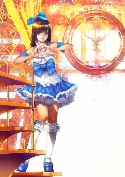 Anime picture 1753x2480 with original hokoodo single long hair tall image highres blue eyes brown hair magic girl dress bow hair bow socks white socks knee socks clock