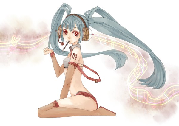 Anime picture 1100x777 with vocaloid hatsune miku long hair light erotic red eyes twintails silver hair nail polish music girl detached sleeves headphones