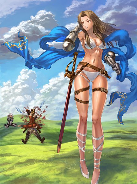 Anime picture 748x1000 with granblue fantasy vira lilie katalina aryze farrah (granblue fantasy) rooain catalina (granblue fantasy) vira (granblue fantasy) katarina (granblue fantasy) wolfedge (artist) long hair tall image fringe short hair breasts light erotic blonde hair red eyes brown hair large breasts sitting