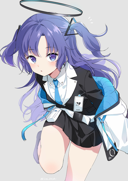 Anime-Bild 1000x1412 mit blue archive yuuka (blue archive) ica single long hair tall image looking at viewer blush simple background standing purple eyes purple hair grey background open jacket bare legs :o two side up standing on one leg girl necktie