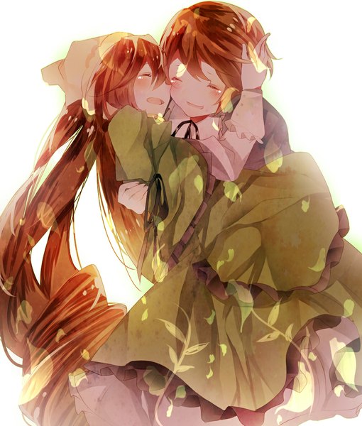 Anime picture 1000x1176 with rozen maiden suiseiseki souseiseki omutatsu long hair tall image blush short hair open mouth simple background brown hair white background multiple girls holding eyes closed hug tears drill hair happy twins
