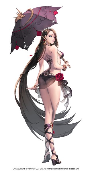 Anime picture 643x1200 with chaos online love cacao single tall image breasts light erotic simple background brown hair white background very long hair looking back heterochromia girl flower (flowers) swimsuit bikini bracelet umbrella black bikini pareo