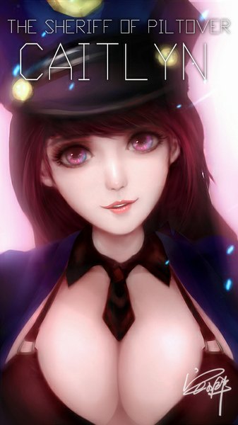 Anime picture 500x888 with league of legends caitlyn (league of legends) officer caitlyn zhai xiao fei (zhaixiaofei2013) long hair tall image looking at viewer breasts light erotic black hair large breasts purple eyes upper body lips girl uniform necktie lingerie bra black bra