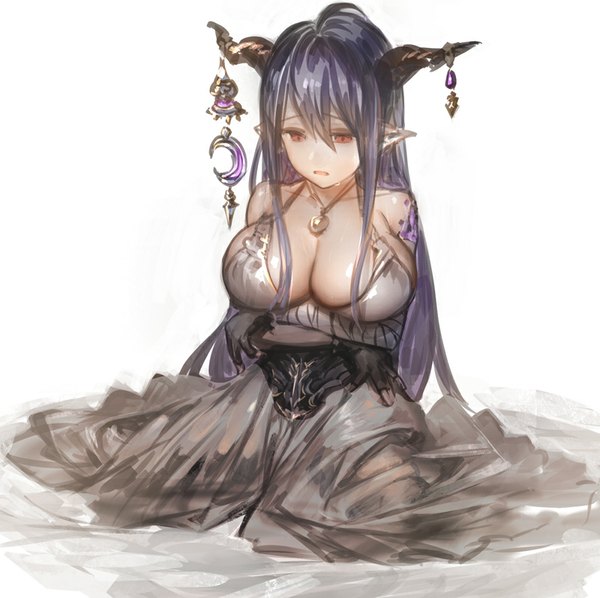 Anime picture 800x798 with granblue fantasy danua aos single long hair fringe breasts light erotic hair between eyes red eyes large breasts white background sitting blue hair looking away horn (horns) pointy ears grey hair draph girl