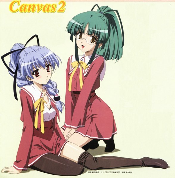Anime picture 1200x1225 with canvas 2 fujinami tomoko takeuchi mami tall image thighhighs glasses serafuku