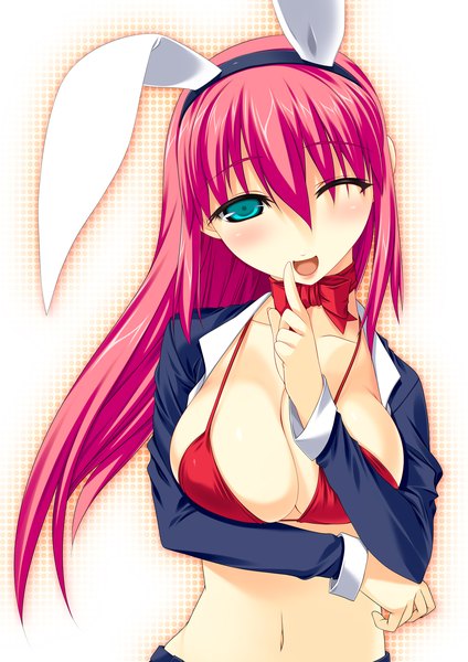 Anime picture 1443x2040 with kinoshita ichi long hair tall image open mouth blue eyes light erotic simple background white background animal ears pink hair cleavage one eye closed wink bunny ears finger to mouth bunny girl breast hold girl navel swimsuit