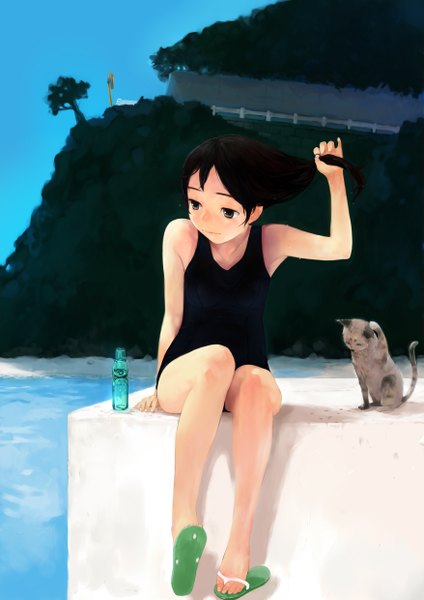 Anime picture 1753x2480 with original nimirom tall image highres short hair black hair sitting black eyes girl swimsuit plant (plants) tree (trees) sea cat one-piece swimsuit bottle school swimsuit ramune
