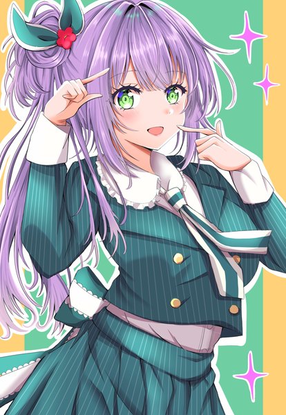 Anime picture 1998x2895 with link! like! love live! sunrise (studio) love live! otomune kozue meimaru single long hair tall image looking at viewer blush fringe highres open mouth simple background smile green eyes purple hair upper body blunt bangs long sleeves
