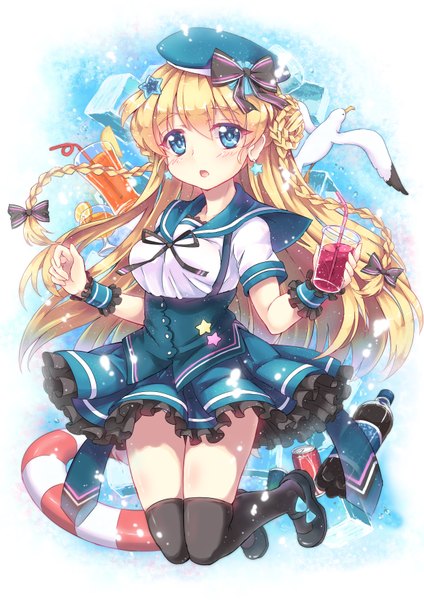Anime picture 2480x3507 with original north abyssor single long hair tall image looking at viewer highres blue eyes blonde hair braid (braids) twin braids girl thighhighs dress black thighhighs animal water frills bird (birds) wrist cuffs