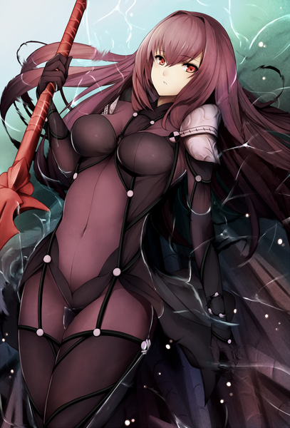 Anime picture 1000x1474 with fate (series) fate/grand order scathach (fate) (all) scathach (fate) snm (sunimi) single long hair tall image looking at viewer breasts light erotic red eyes purple hair girl gloves navel weapon black gloves bodysuit