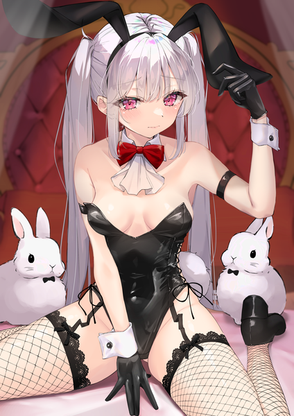 Anime picture 2894x4093 with original mirea single long hair tall image looking at viewer blush fringe highres breasts light erotic sitting twintails bare shoulders animal ears payot silver hair tail blunt bangs animal tail