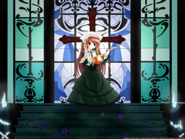 Anime picture 1600x1200 with rozen maiden suiseiseki highres brown hair wallpaper heterochromia cross stairs candle (candles) church