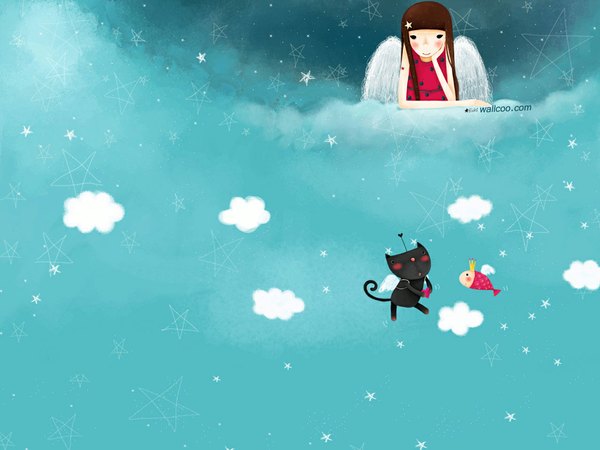 Anime picture 1024x768 with echi (artist) brown hair cloud (clouds) angel wings girl star (symbol) star (stars) cat fish (fishes) crown