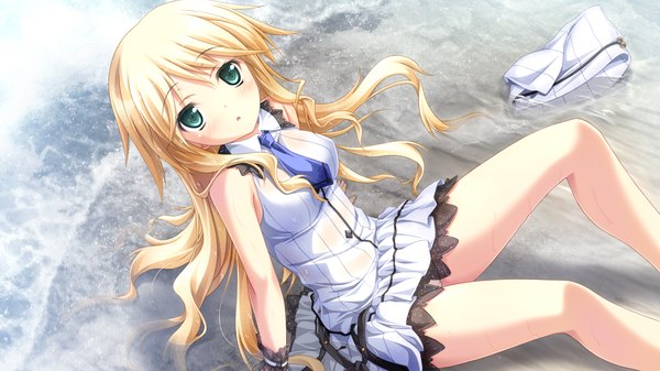 Anime picture 1280x720 with chrono clock dorothy davenport koku single long hair looking at viewer blue eyes blonde hair wide image game cg pantyshot girl dress underwear panties water