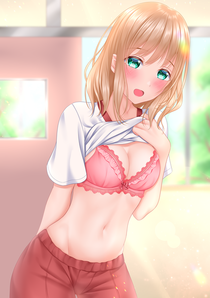 Anime picture 1407x2000 with original naginagiwaffle single tall image looking at viewer blush fringe short hair open mouth light erotic blonde hair smile standing payot indoors :d aqua eyes sunlight blurry bare belly