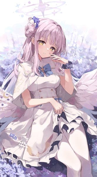 Anime picture 2026x3685 with blue archive mika (blue archive) timo wei95 single long hair tall image looking at viewer blush fringe highres sitting yellow eyes pink hair blunt bangs head tilt hair bun (hair buns) wrist scrunchie low wings girl dress