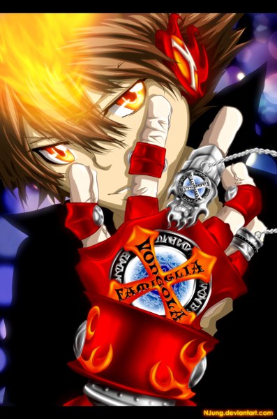 Anime picture 800x1208 with katekyou hitman reborn vongola primo giotto natilokijung single tall image short hair smile brown hair orange eyes coloring magic boy gloves headphones cloak