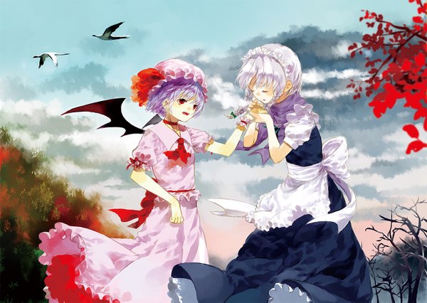 Anime picture 1366x971 with touhou remilia scarlet izayoi sakuya moekon blush short hair open mouth red eyes multiple girls sky purple hair cloud (clouds) eyes closed wind maid girl dress skirt 2 girls plant (plants)