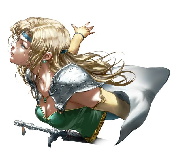 Anime picture 1000x921 with final fantasy final fantasy vi square enix celes chere orutoro single long hair open mouth blue eyes simple background blonde hair white background looking away profile sleeveless girl weapon earrings sword pendant